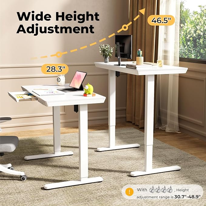 40" Electric Stand up Desk with Drawer, Height Adjustable | Sit Stand Home Office Desk with Storage, One-Piece Tabletop with USB Charging Ports, Quick Assembly Computer Desk on Wheels - Image 5