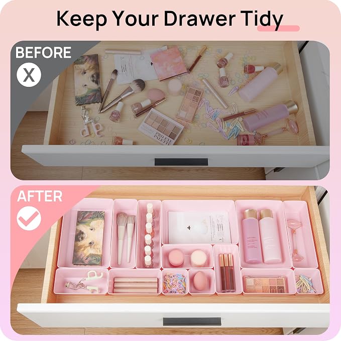 Vtopmart 44 PCS Plastic Drawer Organizers Set, Vanity Organizer Trays, Pink | 4-Size Versatile Makeup Organizer, Non-Slip Storage Containers for Makeup, Jewelries, Bedroom，Kitchen Utensils and Office - Image 3