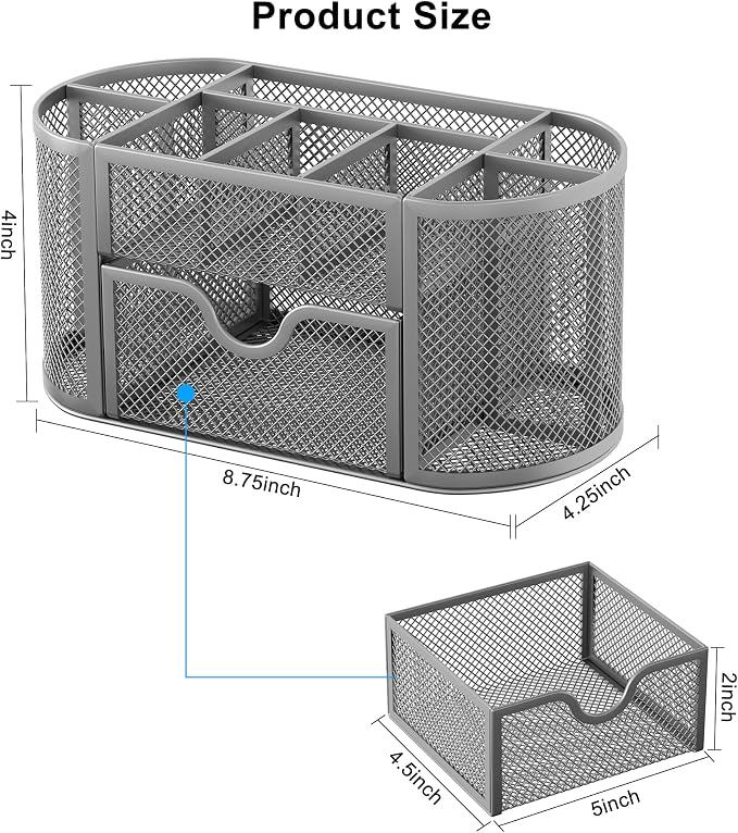 EasyPAG Mesh Pen Holder Desk Organizer with Drawer Stationery Supplies Organizer for Dorm School 9 Compartments Workspace Desk Accessories Organization for Office, Silver - Image 8