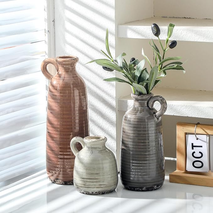 Ceramic Vases Set of 3, Neutral Rustic Farmhouse Vase with Handle, Decorative Flower Vases Home Decor Modern Boho Pampass Vase for Table Mantel Entryway Shelf Living Room Kitchen Bathroom - Brown - Image 9