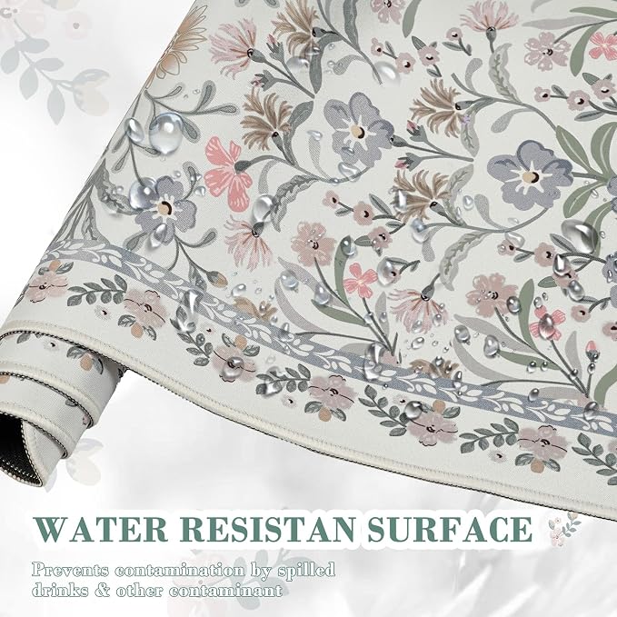 iCasso Aesthetic Desk Mat,31.5x11.8in Mouse Pads, Gray Floral | Anti-Slip Mousepad with Stitched Edges, Waterproof Computer Pad, Desk Accessories Office Decor for Women - Image 5