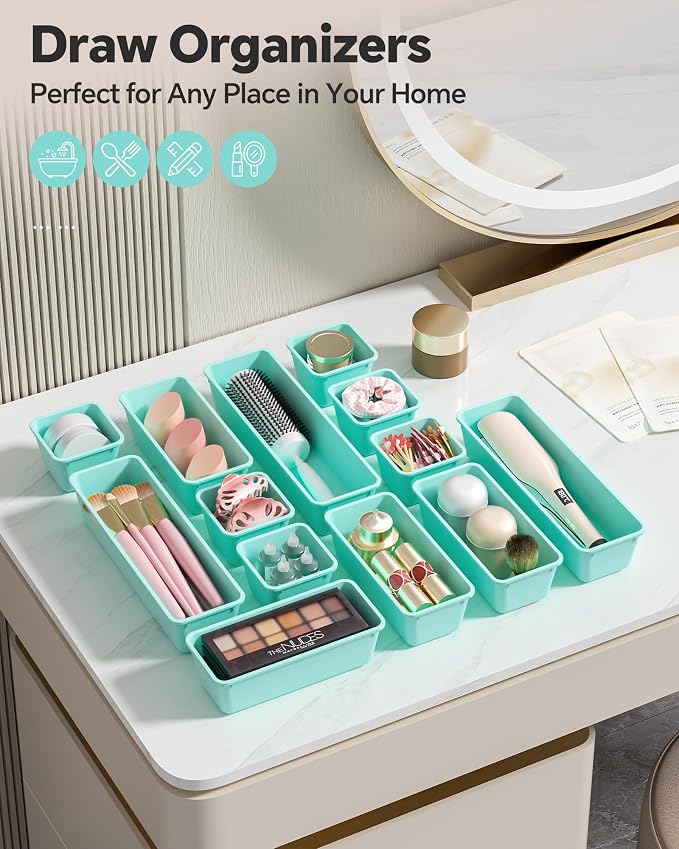 Canfanni 13 Pack Plastic Drawer Organizers Set, 3 Sizes Desk Drawer Organizer Trays for Vanity and Makeup Organizer, Organization and Storage for Makeup, Kitchen Utensils, Bathroom and Office(Blue) - Image 6