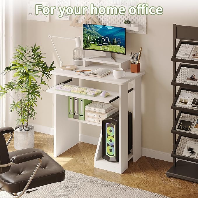 ALISENED 30 Inch Computer Desk, with Keyboard Tray & Monitor Stand | Compact Desk for Space-Saving, Ergonomic Study Desk with Storage Shelves for Writing, Gaming, Working, White - Image 9