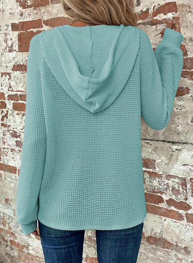 Dokotoo Hoodies for Women Waffle Knit Long Sleeve Drawstring Button V Neck Casual Sweatshirt Hooded Tops Fashion Clothing - Image 2