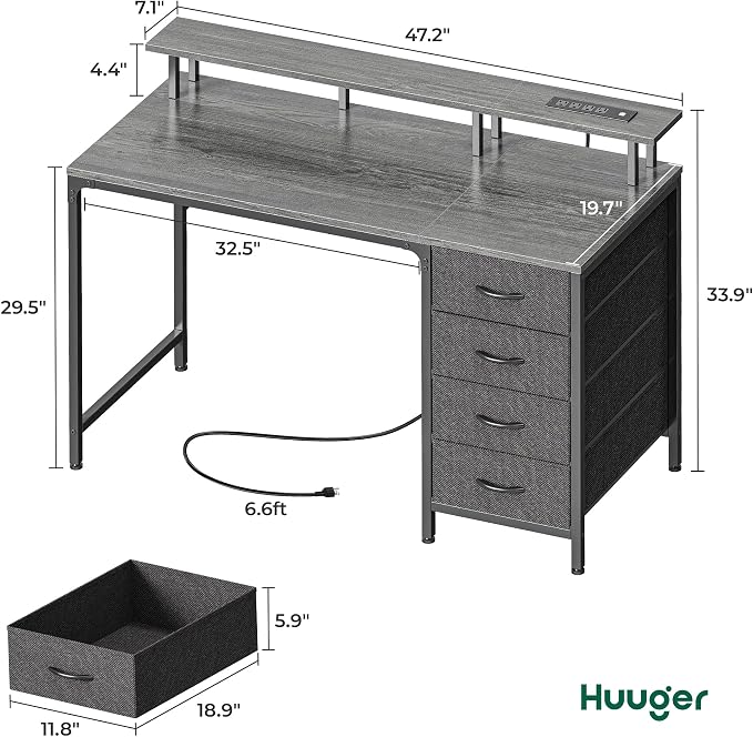 Huuger 47 Inch Computer Desk with Power Outlets and LED Lights, Gaming Desk with 4 Drawers, Office Desk with Monitor Stand, Study Desk Work Desk for Home Office, Small Spaces, Gray - Image 2