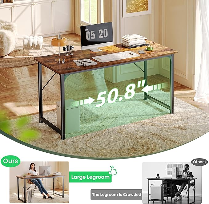 Huuger Computer Desk, 55 Inch Home Office Desk, Gaming Writing Work from Home Study Desk, Large Legroom, Sturdy Metal Frame, Modern Simple, Rustic Brown - Image 6