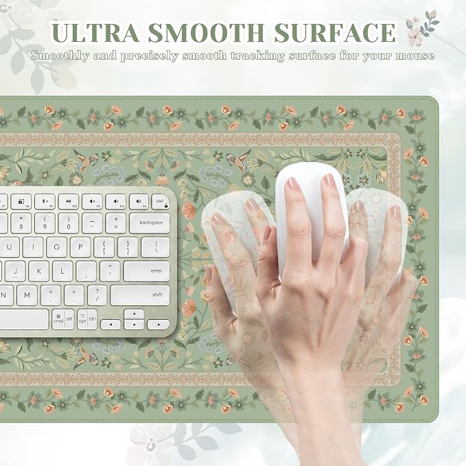 iCasso Aesthetic Flower Mouse Pad,23.6x13.7in Desk Pad, Light Green | Desk Matt for Desktop, Anti-Slip Mousepad with Stitched Edges for Laptop Computer Keyboard - Image 3