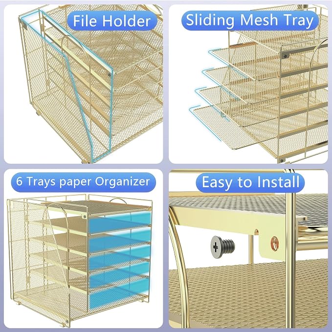 gianotter 6-Tier Paper Organizer With Magazine Holder | Desk Organizers and Accessories, File Organizer for Office Supplies Storag (Gold, 6-Tier) - Image 4