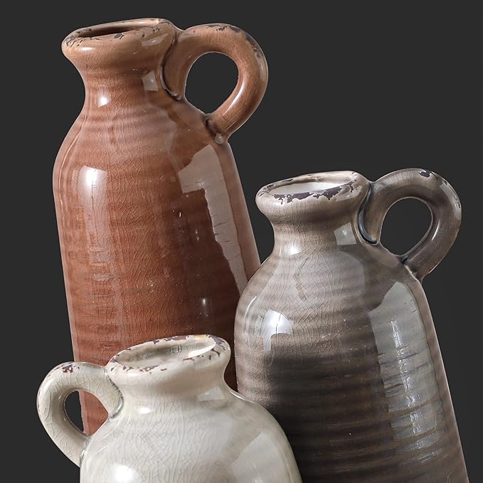 Ceramic Vases Set of 3, Neutral Rustic Farmhouse Vase with Handle, Decorative Flower Vases Home Decor Modern Boho Pampass Vase for Table Mantel Entryway Shelf Living Room Kitchen Bathroom - Brown - Image 3