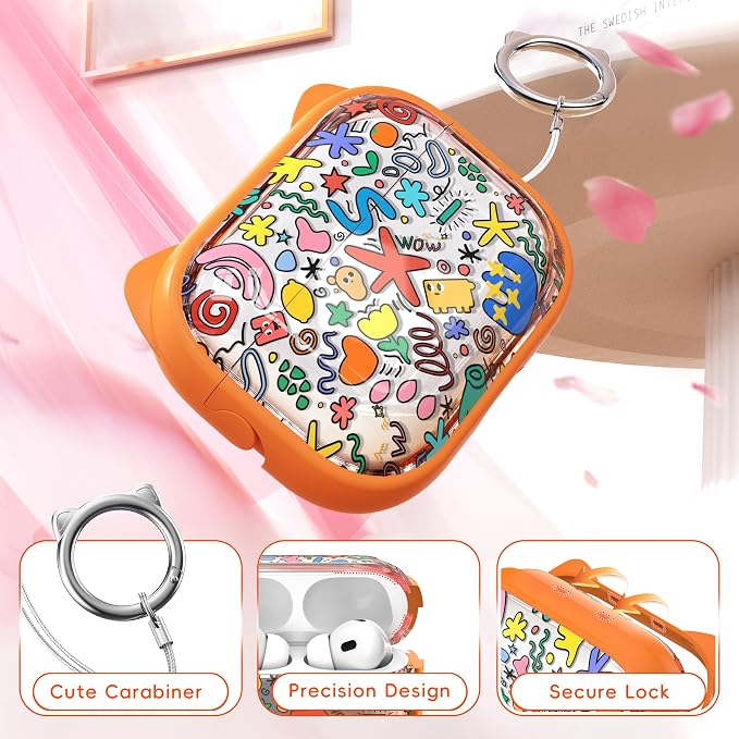 for AirPods Pro 2 Case with Cleaning Kit, Cute Cat Ear Print Design & Cute Buckle for Girls, Phone Holder & Top Safe Lock Buckle Design for AirPods Pro 2nd/1st Gen case, Orange Seaworld - Image 5