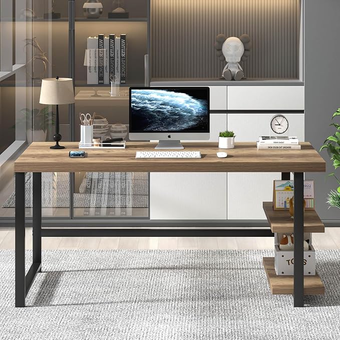 FOLUBAN 60 Inch Home Office Desk, Large Computer Desk with Storage Shelves, Modern Wood and Metal Writing Study Gaming Table Workstation for Living Room, Rustic Oak - Image 7