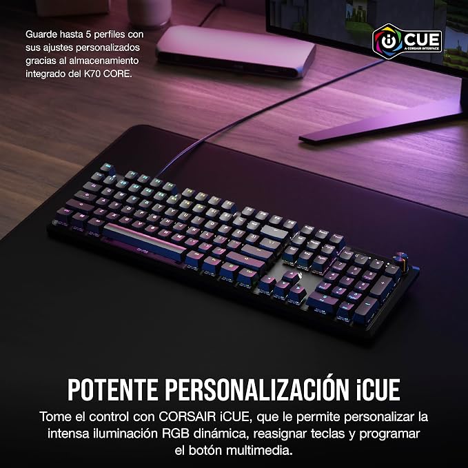 CORSAIR K70 CORE RGB Mechanical Wired Gaming Keyboard with Palmrest – Pre-Lubed MLX Red Linear Switches, SOCD, ABS Double-Shot Keycaps, Sound Dampening, Media Control Dial, QWERTY NA – Black - Image 6