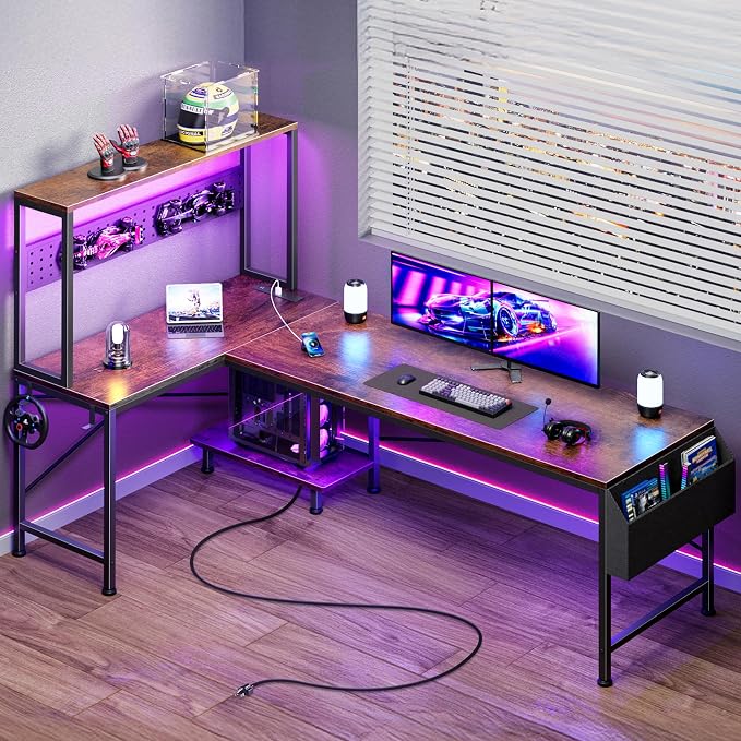 PRAISUN L Shaped Gaming Desk with LED Lights & Power Outlets, Reversible Computer Desk with Storage Shelves & Bag, Large Corner Home Office Desk with Pegboard for Work from Home, Rustic Brown by PRAISUN
