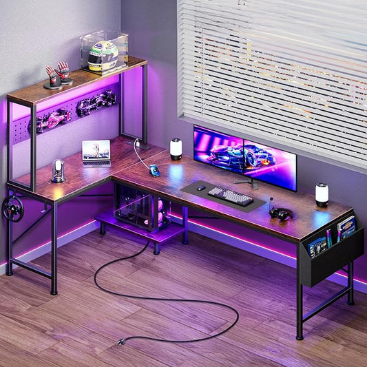 PRAISUN L Shaped Gaming Desk with LED Lights & Power Outlets, Reversible Computer Desk with Storage Shelves & Bag, Large Corner Home Office Desk with Pegboard for Work from Home, Rustic Brown by PRAISUN