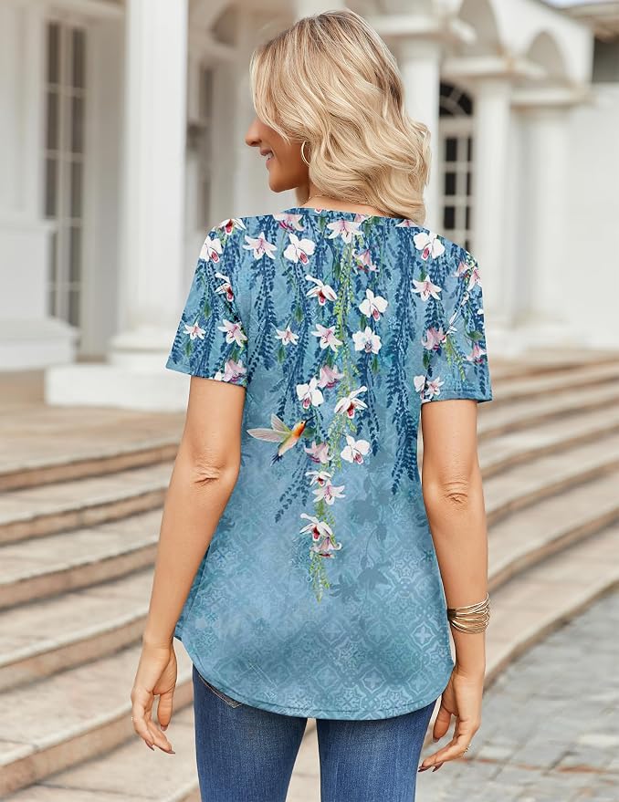 Zeagoo Womens Short Sleeve Tops Summer Henley V-Neck Tshirts Casual Pleated Blouse Dressy Loose Floral Basic Tee - Image 6