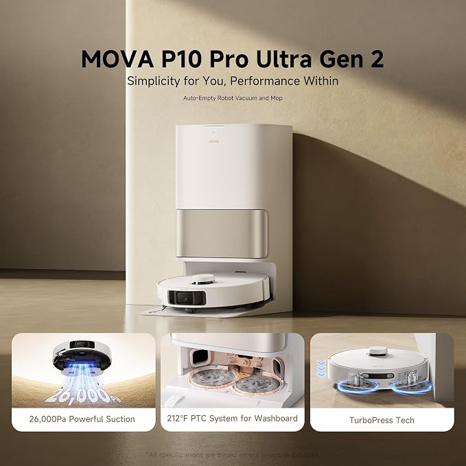 Mova P10 Pro Ultra Gen 2 Robot Vacuum and Mop, 26,000Pa Suaction, 212°F Hot Water Auto Mop Washing, 1-Hour Hot Air Drying, Extenable Mop, All-in-One Dock, Triple Anti-Tangle System for Home - Image 8