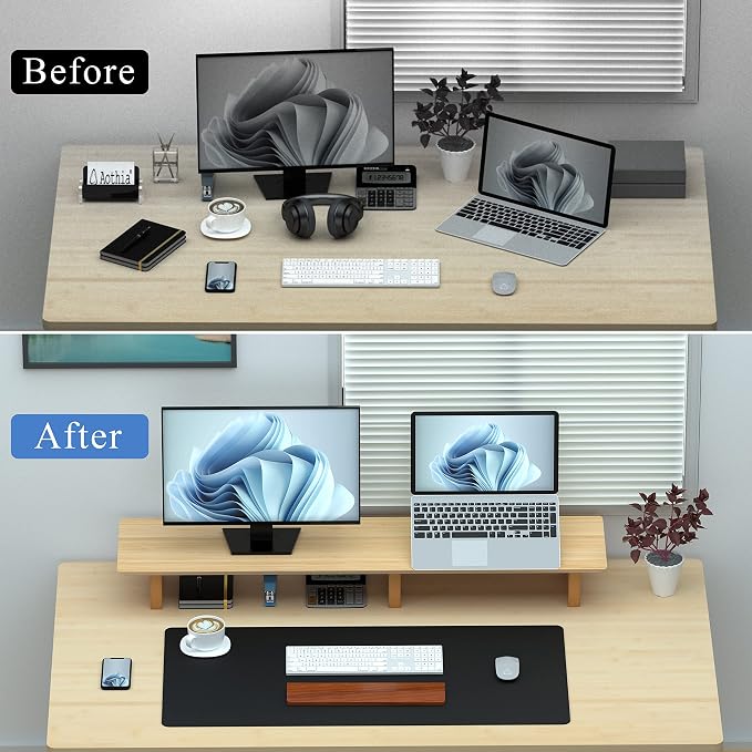 Aothia Large Dual Monitor Stand Riser, Solid Wood Desk Shelf with Eco Cork Legs for Laptop Computer/TV/PC/Printers, Perfect Desktop Stands Organizer with Underneath Storage for Office Accessories - Image 6