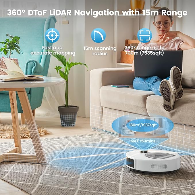 OKP Lidar Robot Vacuum and Mop Combo, 6000Pa Automatic Robotic Vacuum, Smart Mapping, 3.7 inch Thin, 150 Min Max, 5G WiFi/App/Alexa Control, Ideal for Pet Hair, Hardfloors, Carpets, Home(L6 Aqua) - Image 3