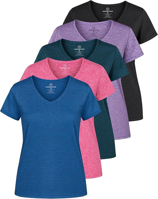 5 Pack Women's Dry Fit V Neck Workout Tops T Shirts Athletic Gym Yoga Tees | Available In Plus Size, Cooling Moisture-Wicking, Short Sleeve, Quick-Dry, Fitness, Stretch, Exercise, Running, Hiking by RealEssentials