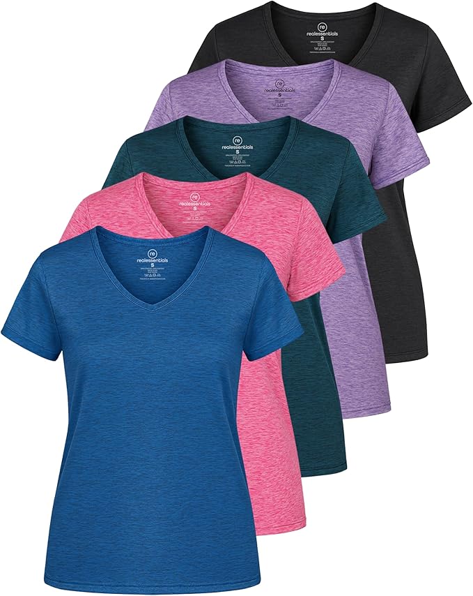 5 Pack Women's Dry Fit V Neck Workout Tops T Shirts Athletic Gym Yoga Tees | Available In Plus Size, Cooling Moisture-Wicking, Short Sleeve, Quick-Dry, Fitness, Stretch, Exercise, Running, Hiking by RealEssentials