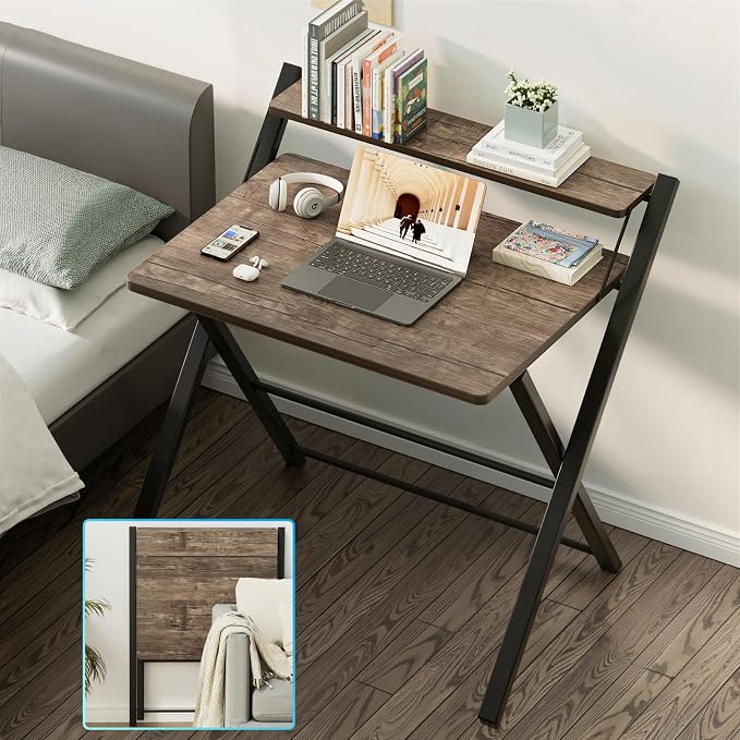 GreenForest Folding Desk No Assembly, Sturdy Computer Desk for Small Spaces | Portable Foldable Table for Laptop, 2-Tier Compact with Shelf, Space Saving for Home Office, Dorm, Apartment, 27"x 22" Brown - Image 7