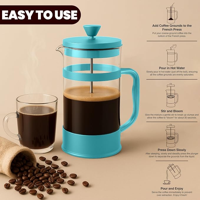 Utopia Kitchen 12 oz Glass French Press, French Press Coffee Maker, Tea Press, Triple-Layer Filter for Smooth Brew, Heat-Resistant Borosilicate Glass, Stainless Steel Plunger, Aqua - Image 4