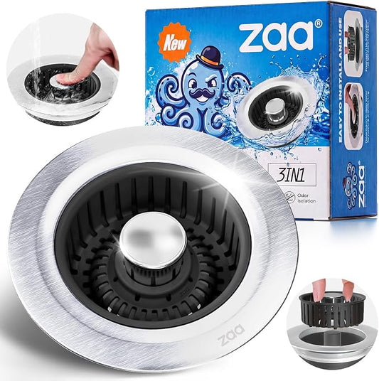 zaa 3 in 1 Kitchen Sink Drain Strainer Stopper Removable Basket Pop-Up | Kitchen Sink Accessories 1 Pack Black Stainless - Food Catcher, Odor-Blocking Seal, Fits 3.5" Drain, Easy Clean by zaa