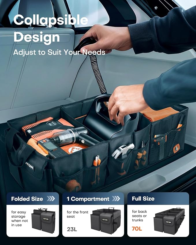 HOTOR Trunk Organizer for Car - Car Organizer, Foldable Trunk organizer for SUVs & Sedans, Sturdy Organization for Car Accessories, Tools, Sundries, Black, 3 Compartments, 31.9"×12.6"×10.6" - Image 5