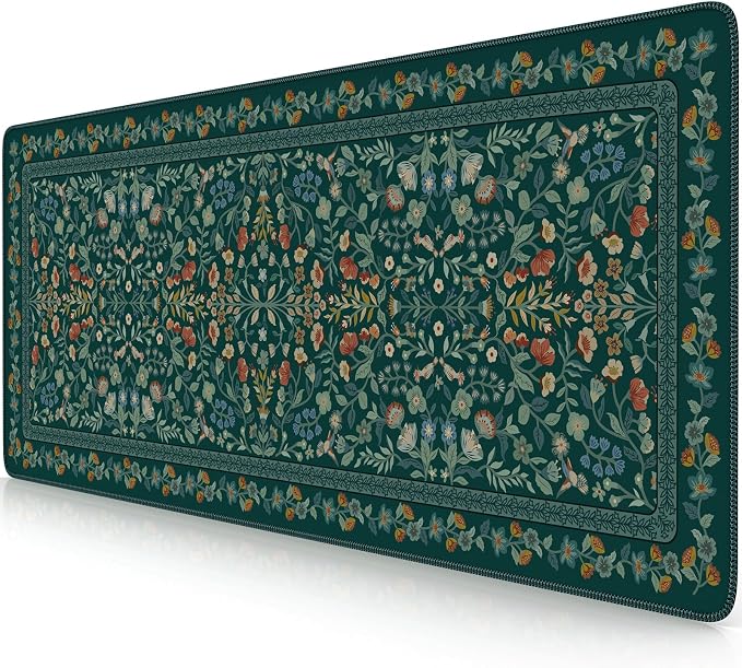 iCasso Aesthetic Floral Desk Mat,Retro Mouse Pads,31.5x11.8in,Deep Green | Anti-Slip Mousepad with Stitched Edges, Waterproof Computer Pad, Desk Accessories Office Decor for Women by iCasso