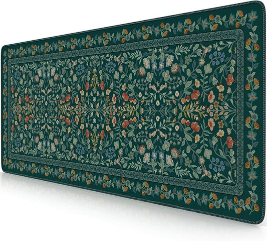 iCasso Aesthetic Floral Desk Mat,Retro Mouse Pads,31.5x11.8in,Deep Green | Anti-Slip Mousepad with Stitched Edges, Waterproof Computer Pad, Desk Accessories Office Decor for Women by iCasso