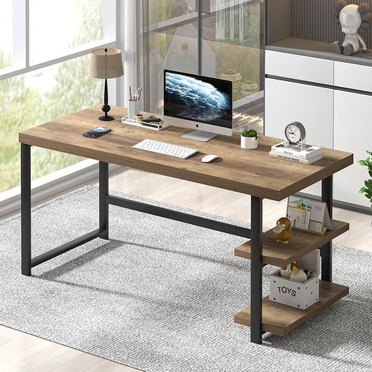 FOLUBAN 60 Inch Home Office Desk, Large Computer Desk with Storage Shelves, Modern Wood and Metal Writing Study Gaming Table Workstation for Living Room, Rustic Oak by FOLUBAN