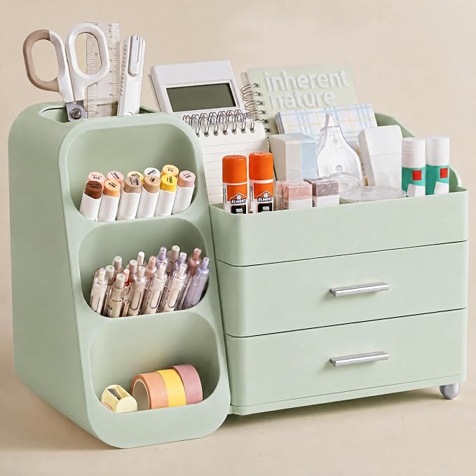 HBlife Desk Organizer with Pen Pencil Holder for Desk, Pen Organizer with 2 Drawers, Desk Organizers and Accessories with 4 Compartments, Desktop Storage for Office Home School Art Supplies, All Green by HBlife