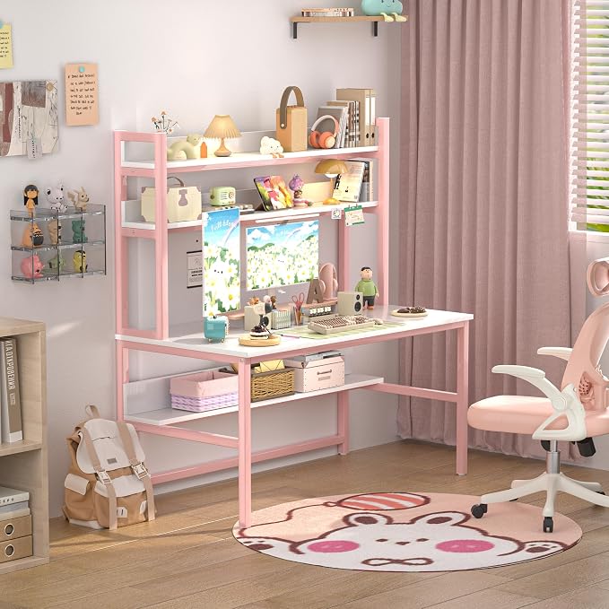 Aquzee Pink Girls Desk with Hutch, 55in Computer Desk with Bookshelf for Teens Adults, Craft Table for Bedroom Kids Room, White Pink Study Table with Shelves for Storage - Image 6