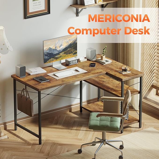 Mericonia 39 inch Corner Desk with Shelves, Small L Shaped Gaming Desk | Reversible Computer Desk with Hooks, Office Table for Home Bedroom Study Work Writing - Image 3