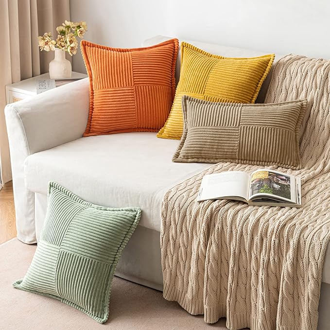 MIULEE Decorative Throw Pillow Covers for Couch Bed Livingroom 18x18 Inch Set of 2 Khaki Boho Accent Throw Pllows Broadside Striped Patchwork Soft Corduroy Pillowcases - Image 5