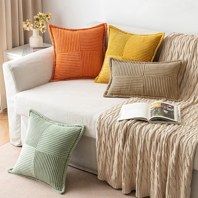 MIULEE Decorative Throw Pillow Covers for Couch Bed Livingroom 16x16 Inch Set of 2 Khaki Boho Accent Throw Pllows Broadside Striped Patchwork Soft Corduroy Pillowcases - Image 5