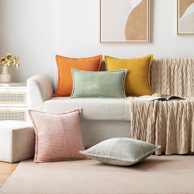 MIULEE Fall Burnt Orange Decorative Lumbar Throw Pillow Covers for Couch Bed Livingroom 12x20 Inch Set of 2 Boho Accent Throw Pllows Broadside Striped Patchwork Soft Corduroy Pillowcases - Image 5