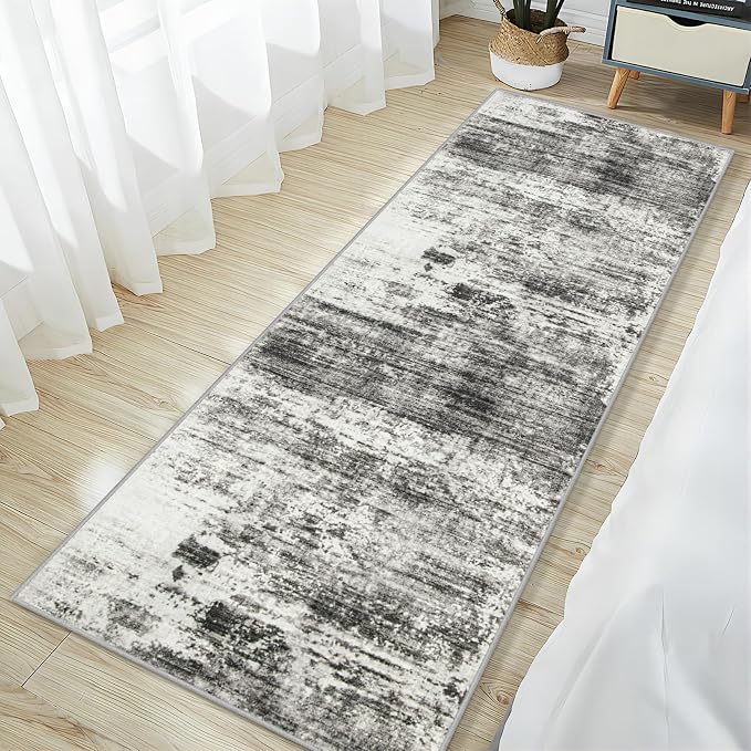 2'6''x8' Runner Rugs Washable Rug: Modern Abstract Hallway Runner Rug Indoor Soft Low Pile Thin Carpet Anti-Skid Non-Shedding Carpets for Kitchen, Entryway, Laundry, Bedroom - Black Grey - Image 3