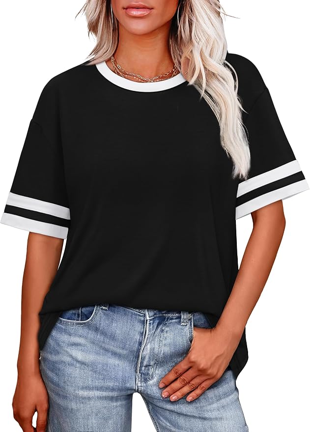 WIHOLL Womens T Shirts Loose Fit Short Sleeve Tees Crew Neck Color Block Summer Tops 2026 Fashion - Image 2