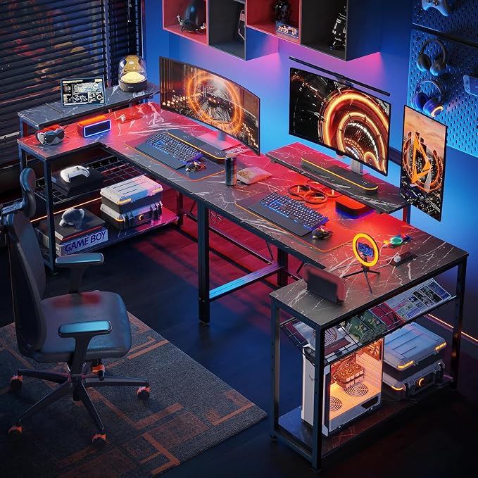 Bestier 42-Inch L-Shaped Gaming Desk with Charging & LED, Marble Black | Charging 2AC+USB+Type-C, RGB LED 7 Colors/20 Modes, Reversible Shelves, 3D Carbon Fiber, Headphone Hook, Small Space - Image 4