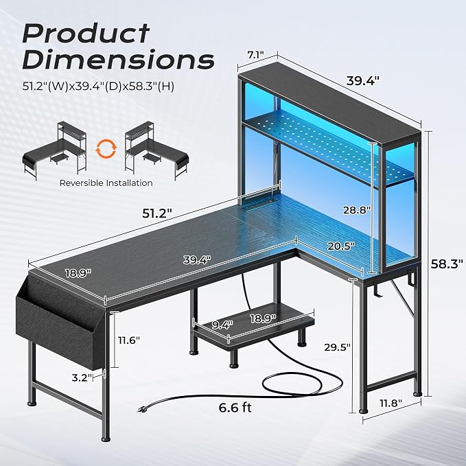 PRAISUN L Shaped Gaming Desk with LED Lights & Power Outlets, Reversible Computer Desk with Storage Shelves & Bag, Large Corner Home Office Desk with Pegboard for Work from Home, Black - Image 2