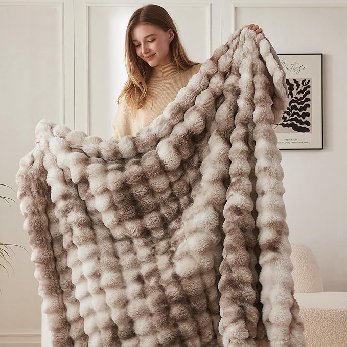 COOVA Faux Fur Throw Blanket for Couch, Cozy Soft and Fuzzy Plush Rabbit Fur Bubble Blanket for Sofa Bedroom Living Room, 60x80 Inches Tie Dye Brown - Image 4