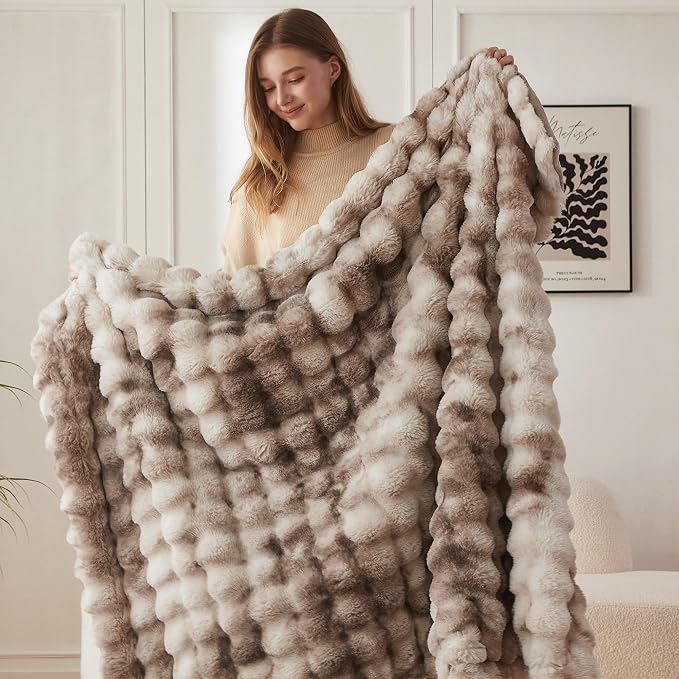 COOVA Faux Fur Throw Blanket for Couch, Cozy Soft and Fuzzy Plush Rabbit Fur Bubble Blanket for Sofa Bedroom Living Room, 50x60 Inches Tie Dye Brown - Image 4
