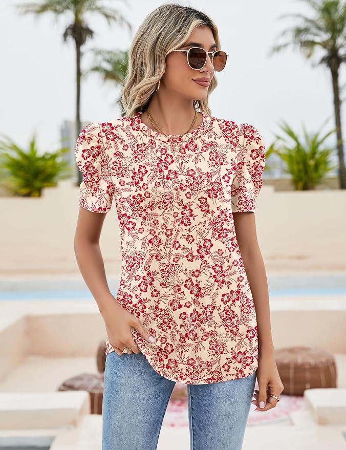 Ivicoer Puff Short Sleeve Shirt for Women Eyelet Tops Summer Crewneck Blouse Loose Fit S-XXL - Image 2
