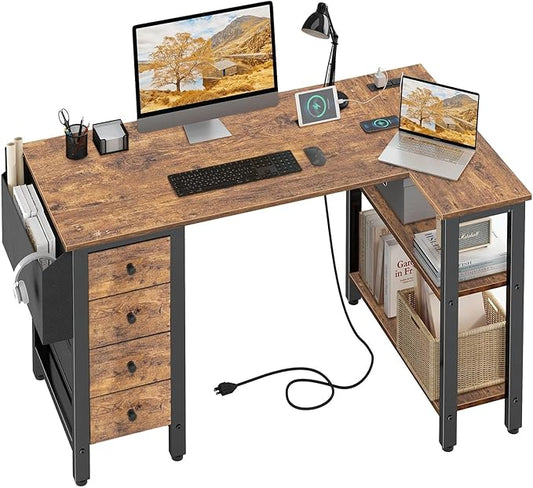 Lufeiya L Shaped Desk with Drawers & Storage Shelves, 47 Inch Small Reversible Corner Desk with Power Outlet for Home Office Bedroom, L-Shaped Gaming PC Computer Desks with Fabric Drawer, Rustic Brown by LUFEIYA