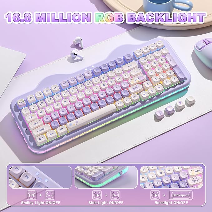 YUNZII C98 Cute Cake Wireless Mechanical Keyboard (Purple, Candy Switch) | 99 Keys with Number Pad, Hot Swap, PBT MOA Keycaps, BT5.0/2.4G/USB-C, Gasket Mount, Custom RGB Backlit for Win/Mac - Image 7