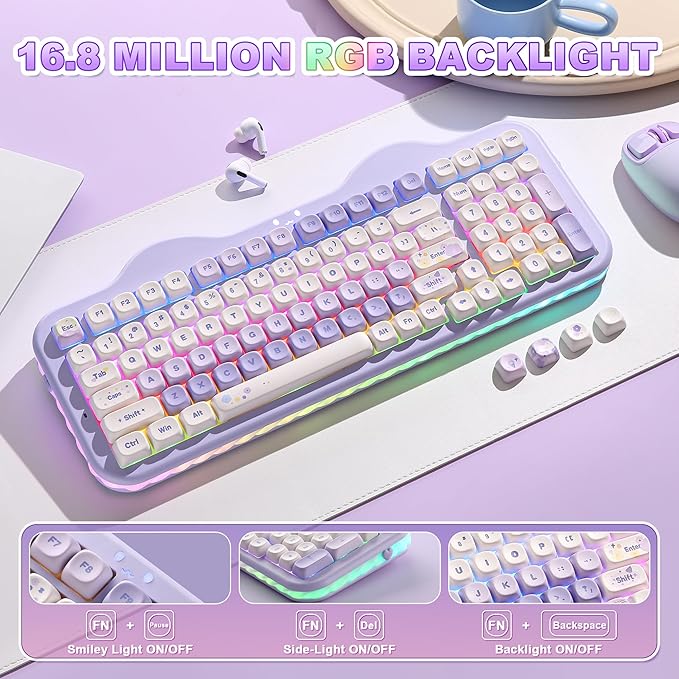 YUNZII C98 Cute Cake Wireless Mechanical Keyboard(Purple, Milk Switch) | 99 Keys with Number Pad, Hot Swap, PBT MOA Keycaps, BT5.0/2.4G/USB-C, Gasket Mount, Custom RGB Backlit for Win/Mac - Image 7