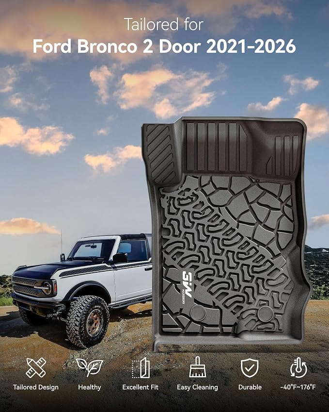 3W Floor Mats Fit for 2021-2025 2026 Ford Bronco 2 Door All Weather TPE Car Accessories Custom Fit Floor Liner 1st and 2nd Row Car Mats, Black (Not for Bronco Sport & Rubberized Floor) - Image 2