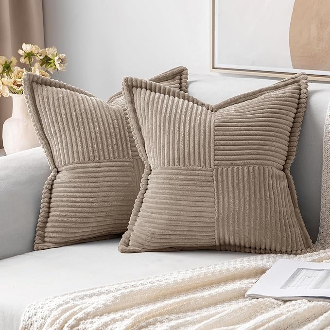 MIULEE Decorative Throw Pillow Covers for Couch Bed Livingroom 16x16 Inch Set of 2 Light Brown Boho Accent Throw Pllows Broadside Striped Patchwork Soft Corduroy Pillowcases by MIULEE