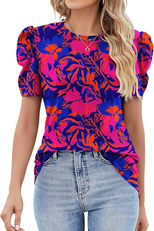 Ivicoer Puff Short Sleeve Shirt for Women Eyelet Tops Summer Crewneck Blouse Loose Fit S-XXL by Ivicoer